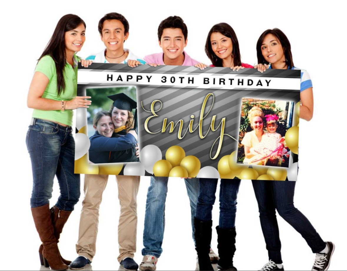 Birthday Banner with Two Photos, Birthday Sign, Customizable, Personalized/Customized, Party Banner