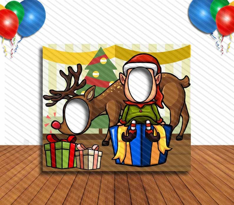 Elf and Rudolph People Cutout, Hole in Face, Party Selfie Photo Prop, Christmas Decoration