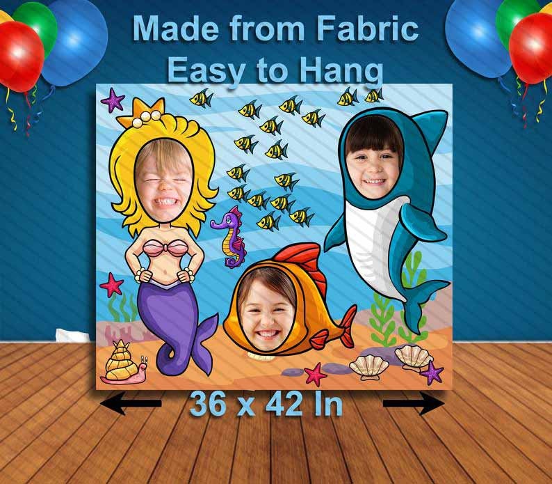 Mermaid and Two Fish Cutout, Hole in Face, Party Selfie Photo Prop, Little Mermaid Birthday Decoration