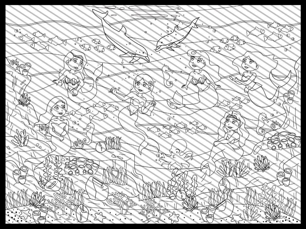 Large Mermaid Coloring Page, Ocean Coloring sheet, Jumbo Coloring book pages, Sea themed Giant Coloring Poster