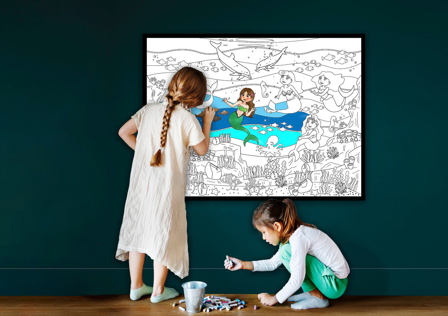 Large Mermaid Coloring Page, Ocean Coloring sheet, Jumbo Coloring book pages, Sea themed Giant Coloring Poster