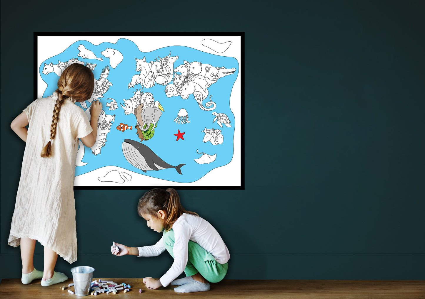 World Map Animals Coloring Page, Coloring sheet, Jumbo Coloring book pages, Animals Around the World themed Giant Coloring Poster