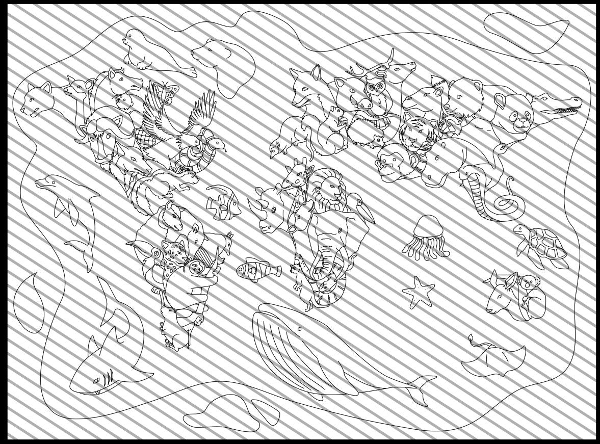 World Map Animals Coloring Page, Coloring sheet, Jumbo Coloring book pages, Animals Around the World themed Giant Coloring Poster