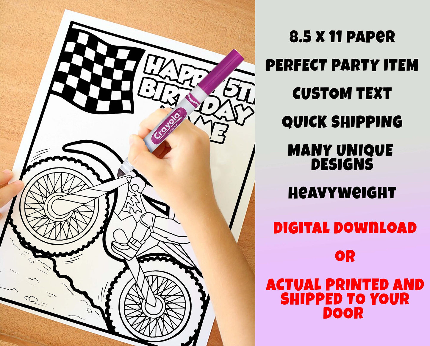 Motocross Bikes Happy Birthday Coloring pages, Custom, Personalized Party Decor