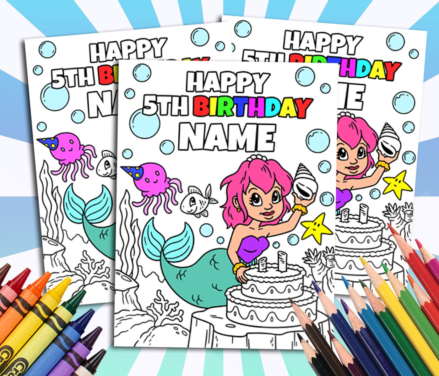 Mermaid Happy Birthday Coloring pages, Custom, Personalized Party Decor