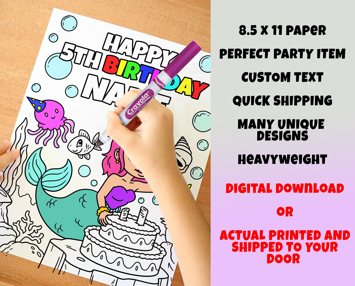 Mermaid Happy Birthday Coloring pages, Custom, Personalized Party Decor