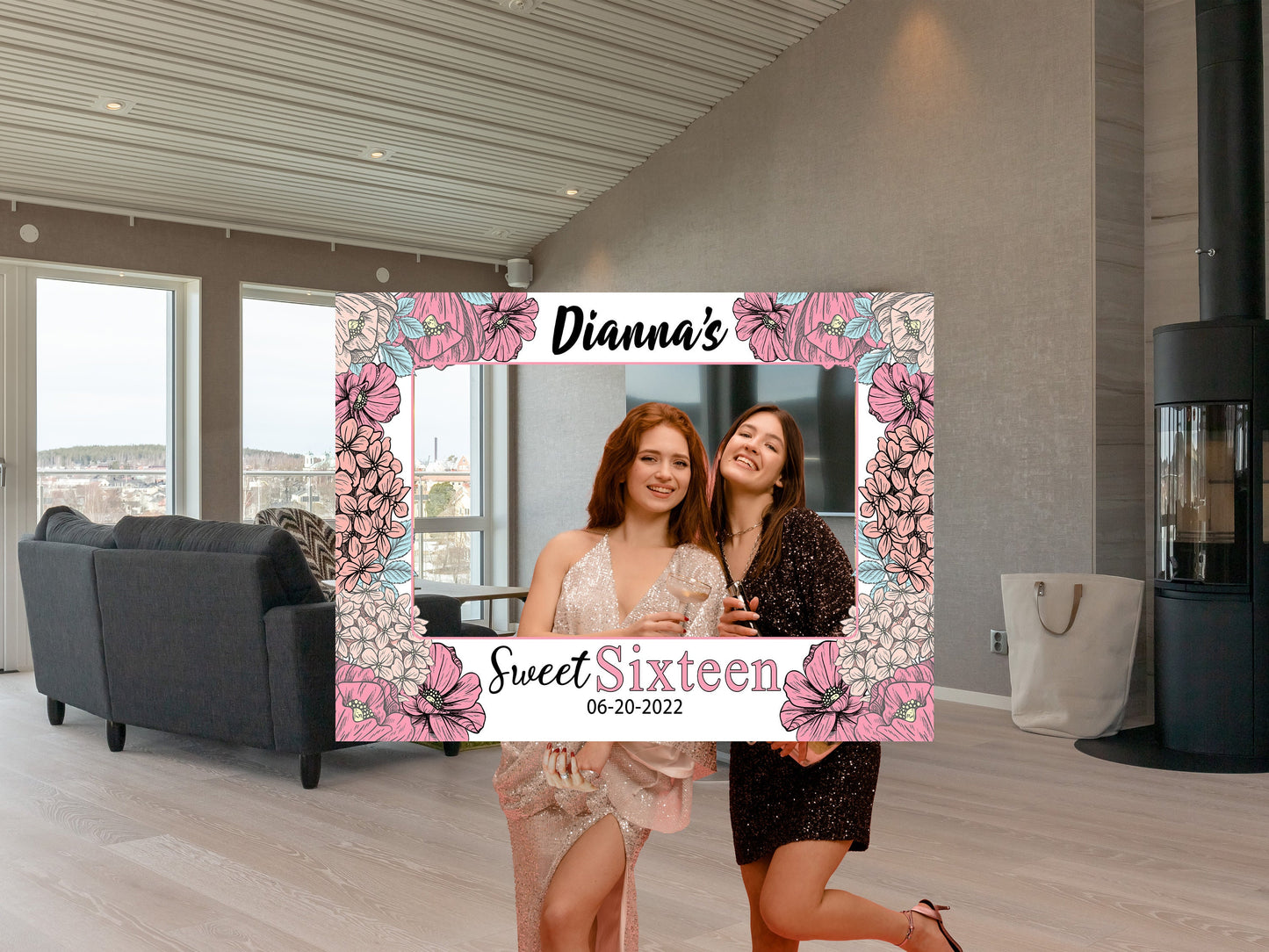 Sweet 16 Party Photo Frame, DIY Floral Theme Party, Personalized Photo booth Selfie Frame