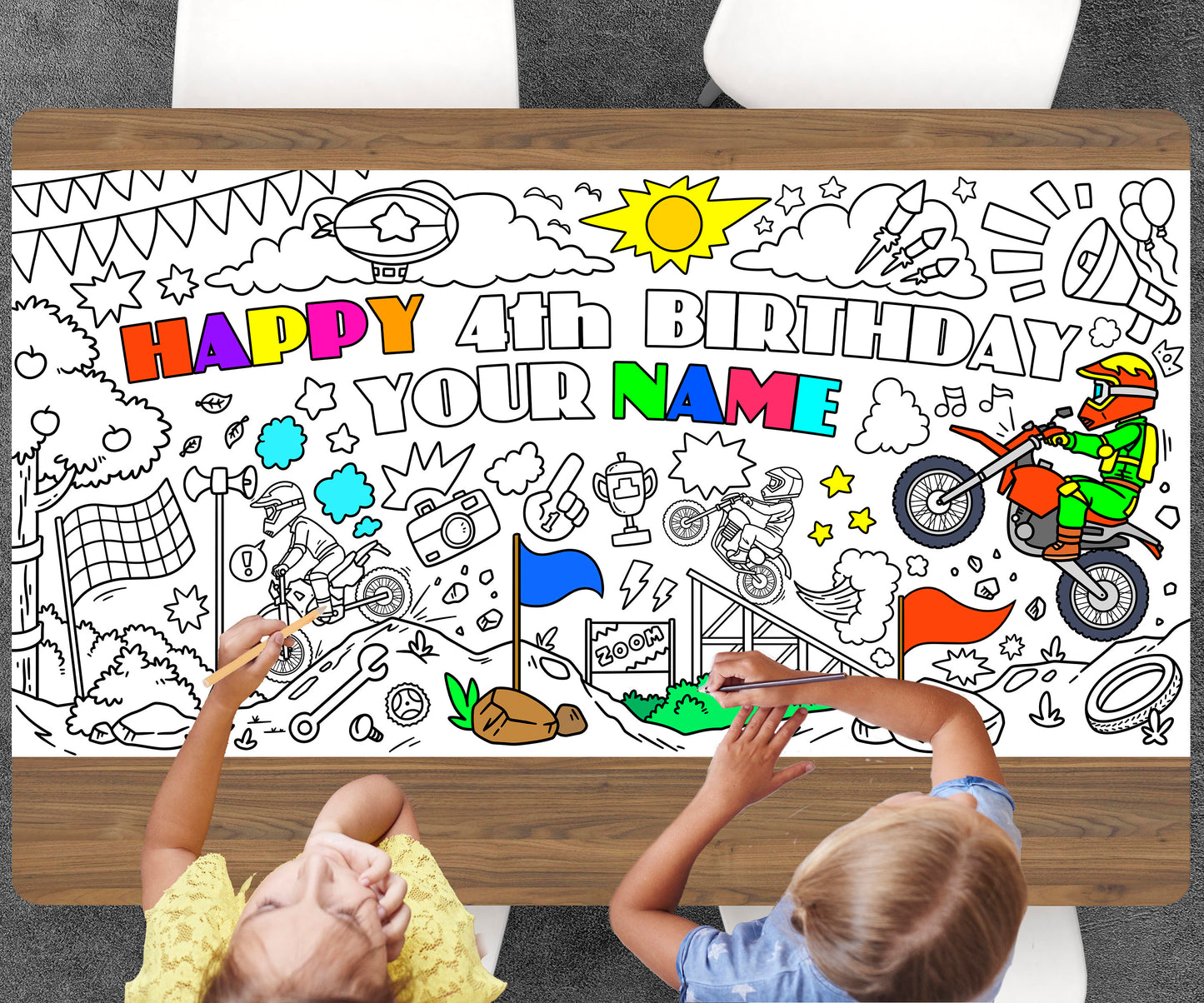 Dirt Bike Coloring Page, Custom Motocross Birthday Sheet, Jumbo Coloring Book Pages, Personalized Theme Giant Coloring Poster