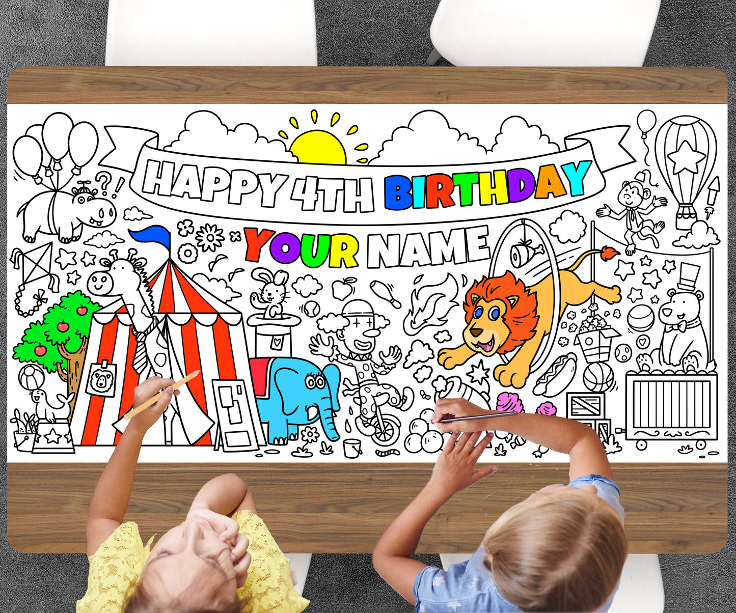 Circus Coloring Page, Custom Carnival Birthday Sheet, Jumbo Coloring Book Pages, Personalized Theme Giant Coloring Poster