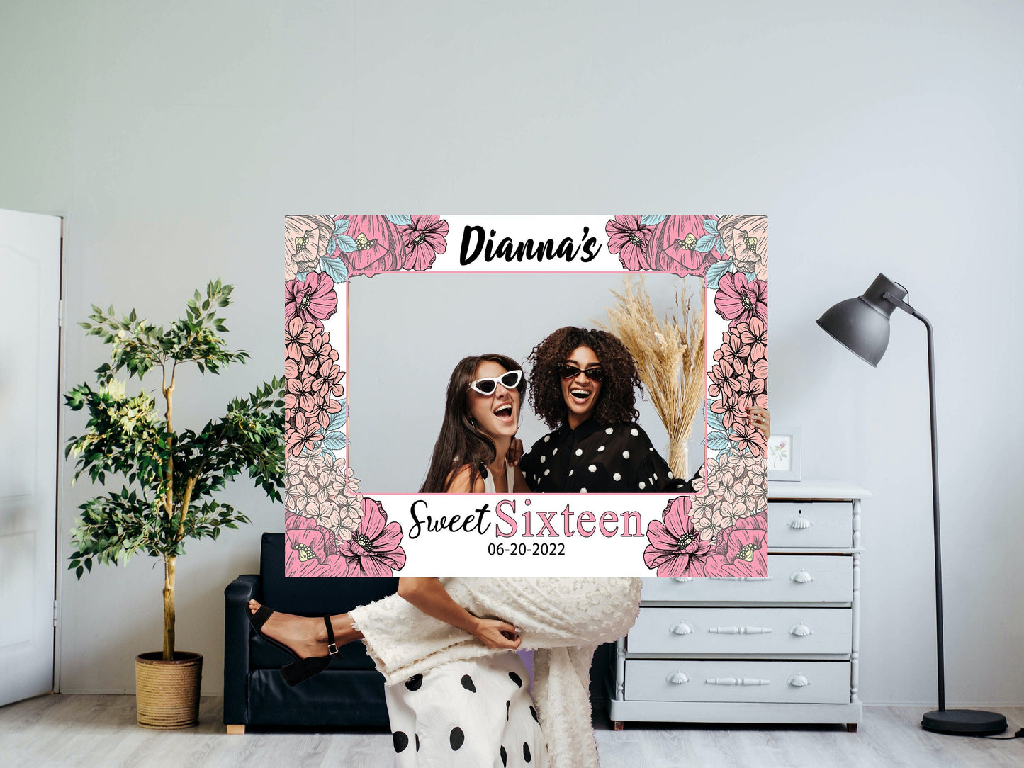 Sweet 16 Party Photo Frame, DIY Floral Theme Party, Personalized Photo booth Selfie Frame