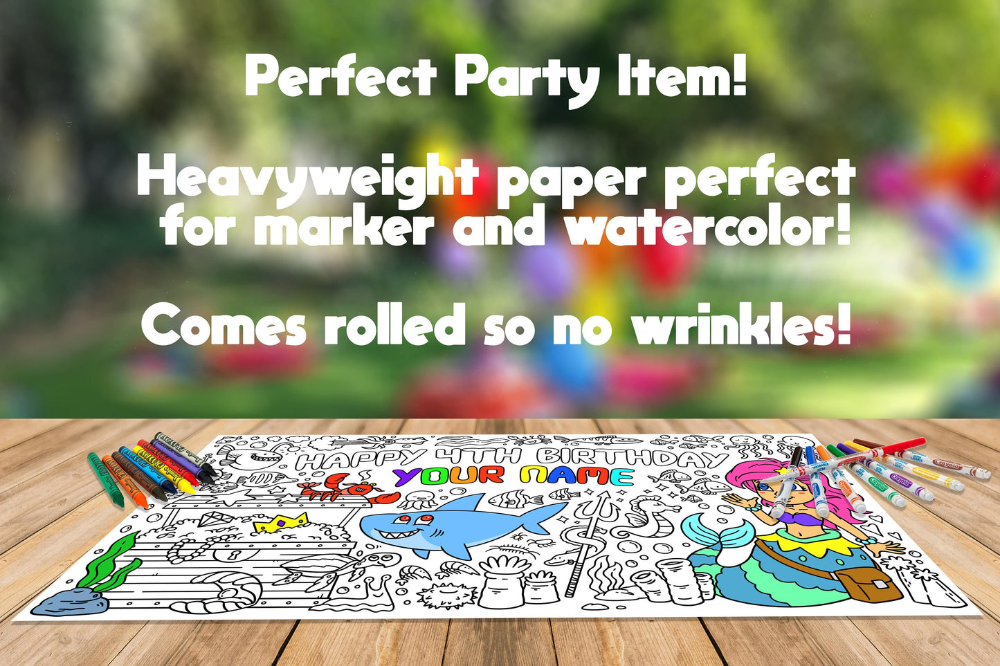 Mermaid Coloring Page, Custom Beach Birthday Sheet, Jumbo Coloring Book Pages, Personalized Theme Giant Coloring Poster