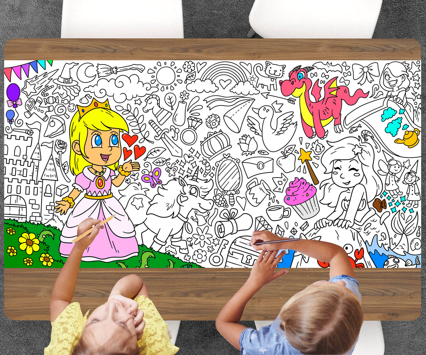 Princess Coloring Sheet, Jumbo Coloring Book Page, Fantasy Theme Giant Coloring Poster