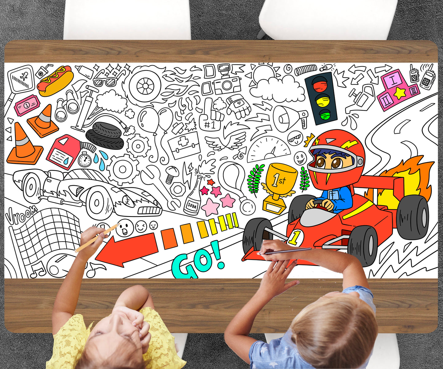 Racecar Coloring Sheet, Jumbo Coloring Book Page, Animal Theme Giant Coloring Poster