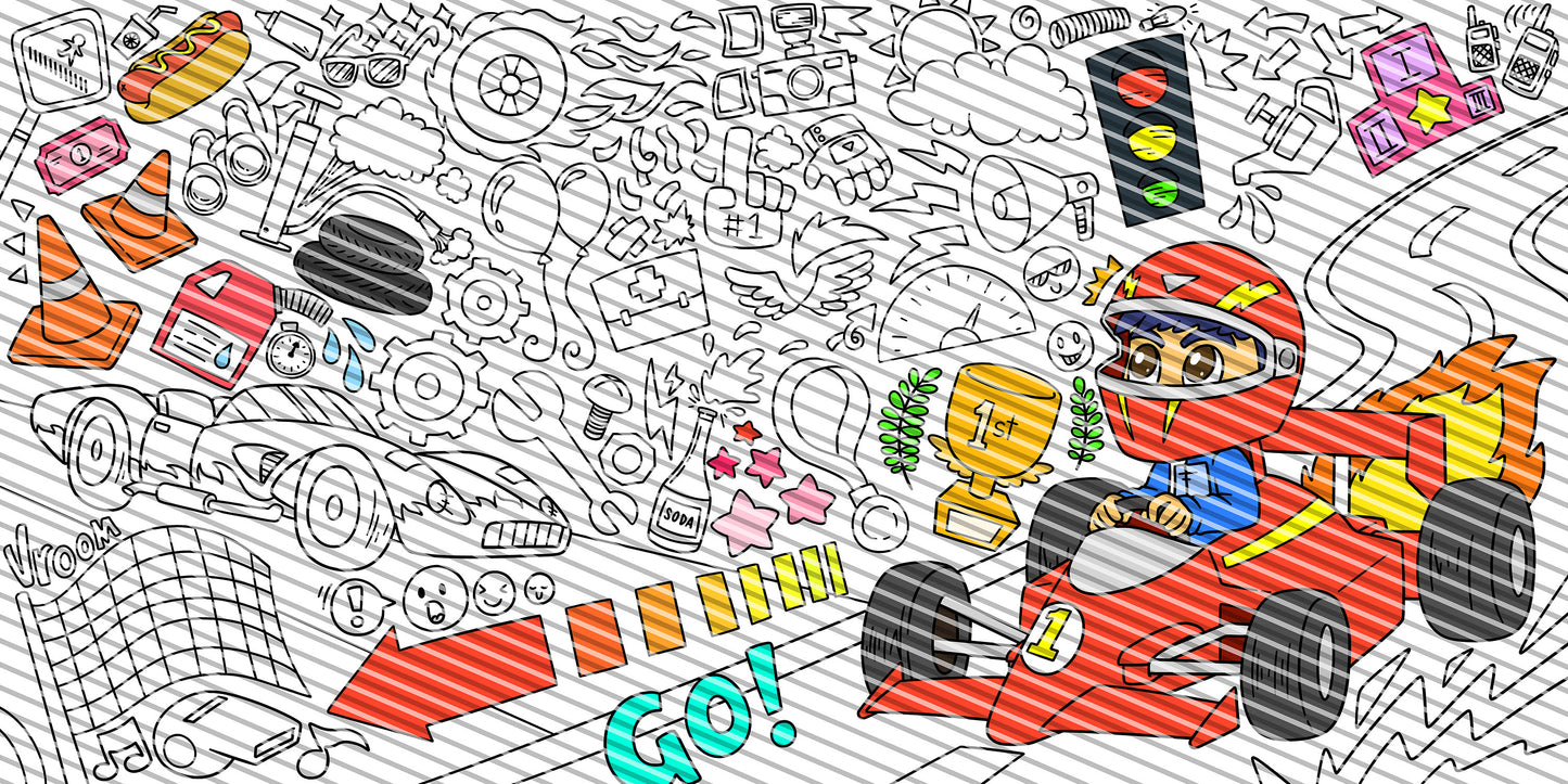 Racecar Coloring Sheet, Jumbo Coloring Book Page, Animal Theme Giant Coloring Poster