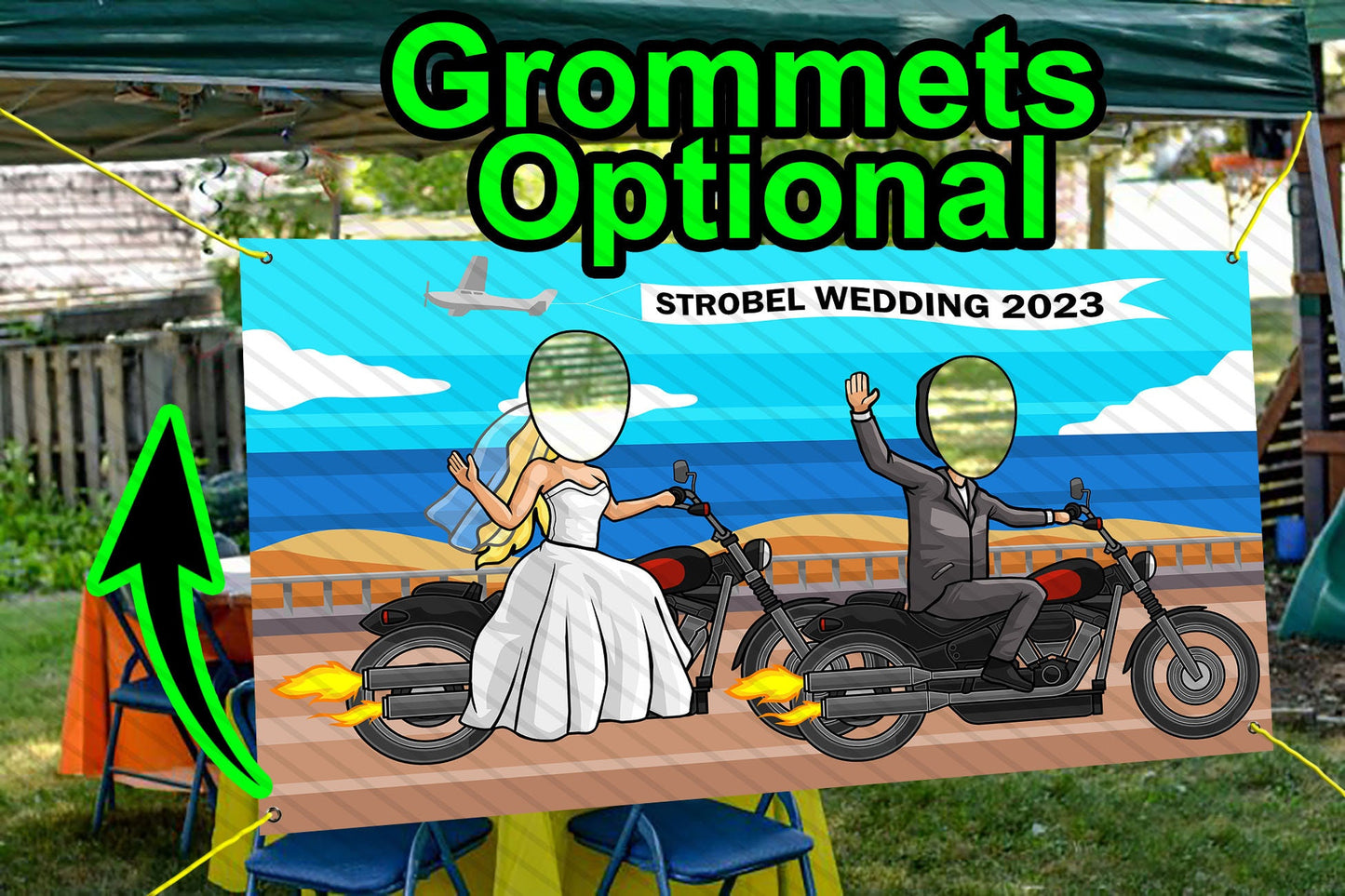 Motorcycle Wedding Theme Face Cutout, 42x72" Photo Stand-in, Party Selfie Photo Prop