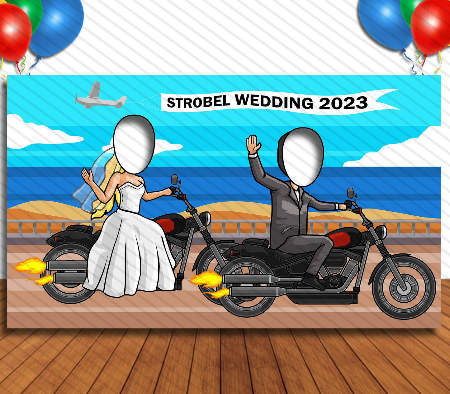 Motorcycle Wedding Theme Face Cutout, 42x72" Photo Stand-in, Party Selfie Photo Prop