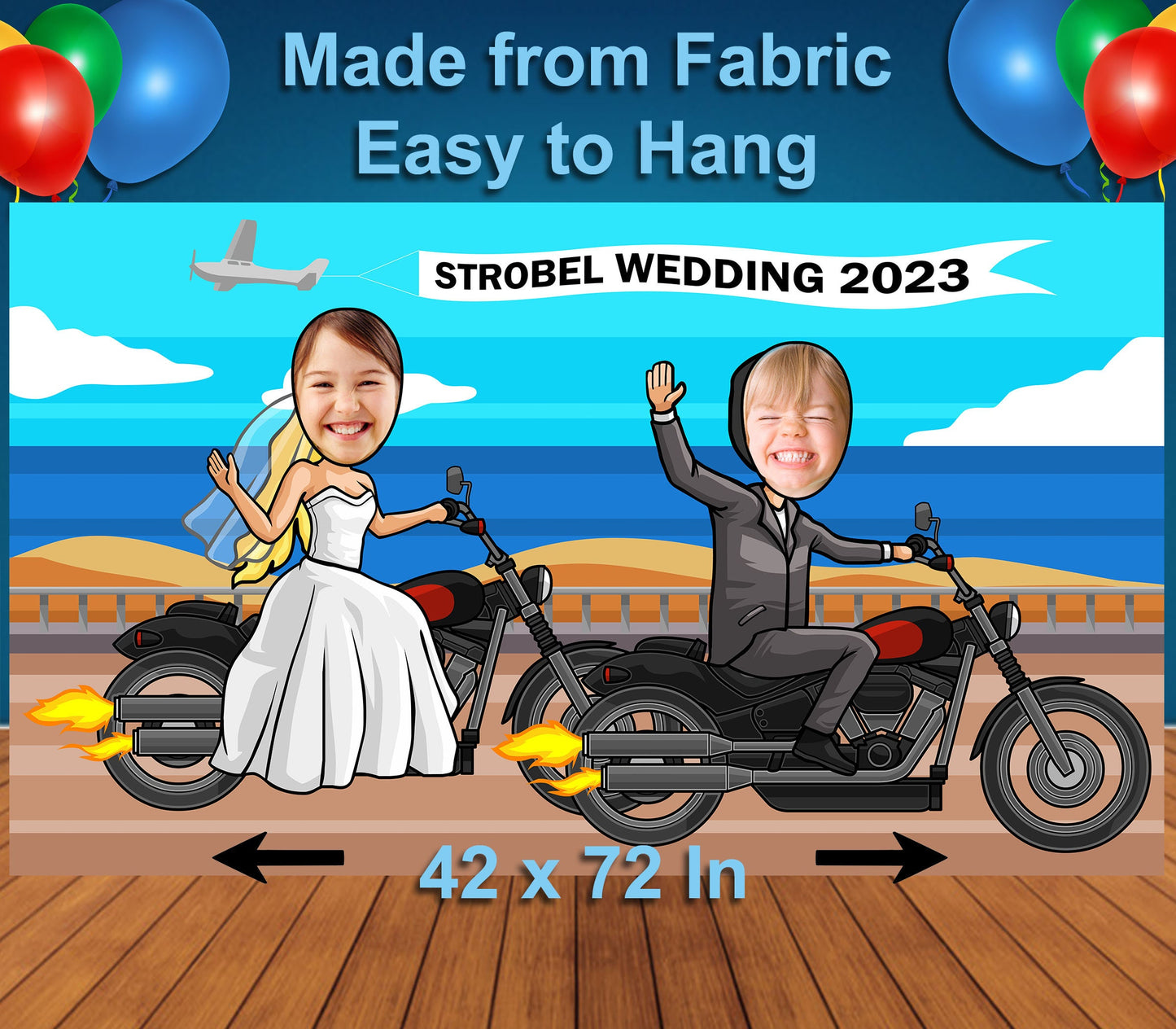 Motorcycle Wedding Theme Face Cutout, 42x72" Photo Stand-in, Party Selfie Photo Prop