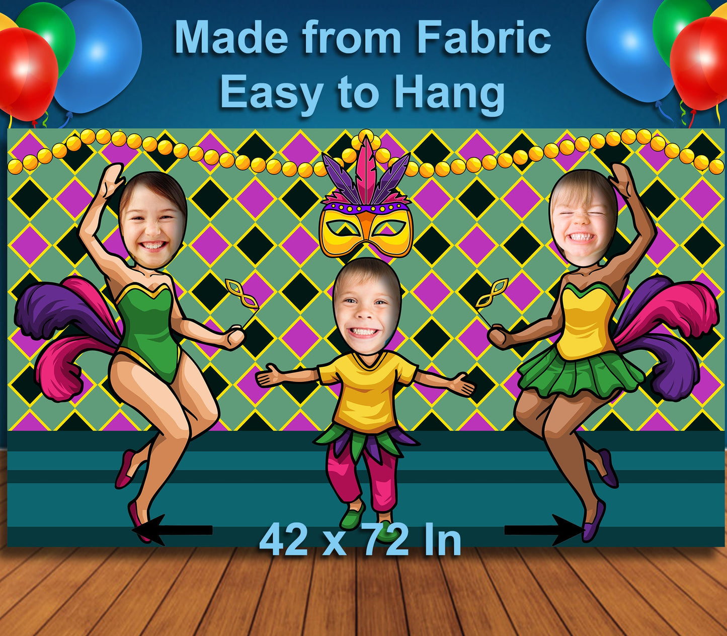 Mardi Gras Festival Theme Face Cutout, 42x72" Photo Stand-in, Party Selfie Photo Prop