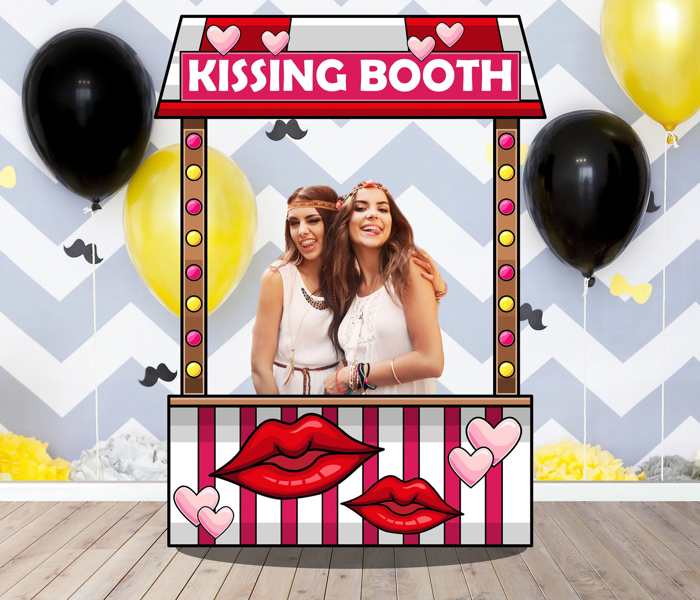 Pink Hearts and Red Lips, Kissing Booth Photo Frame, Valentines Day, Wedding, Engagement Party, Selfie Photo Prop Frame