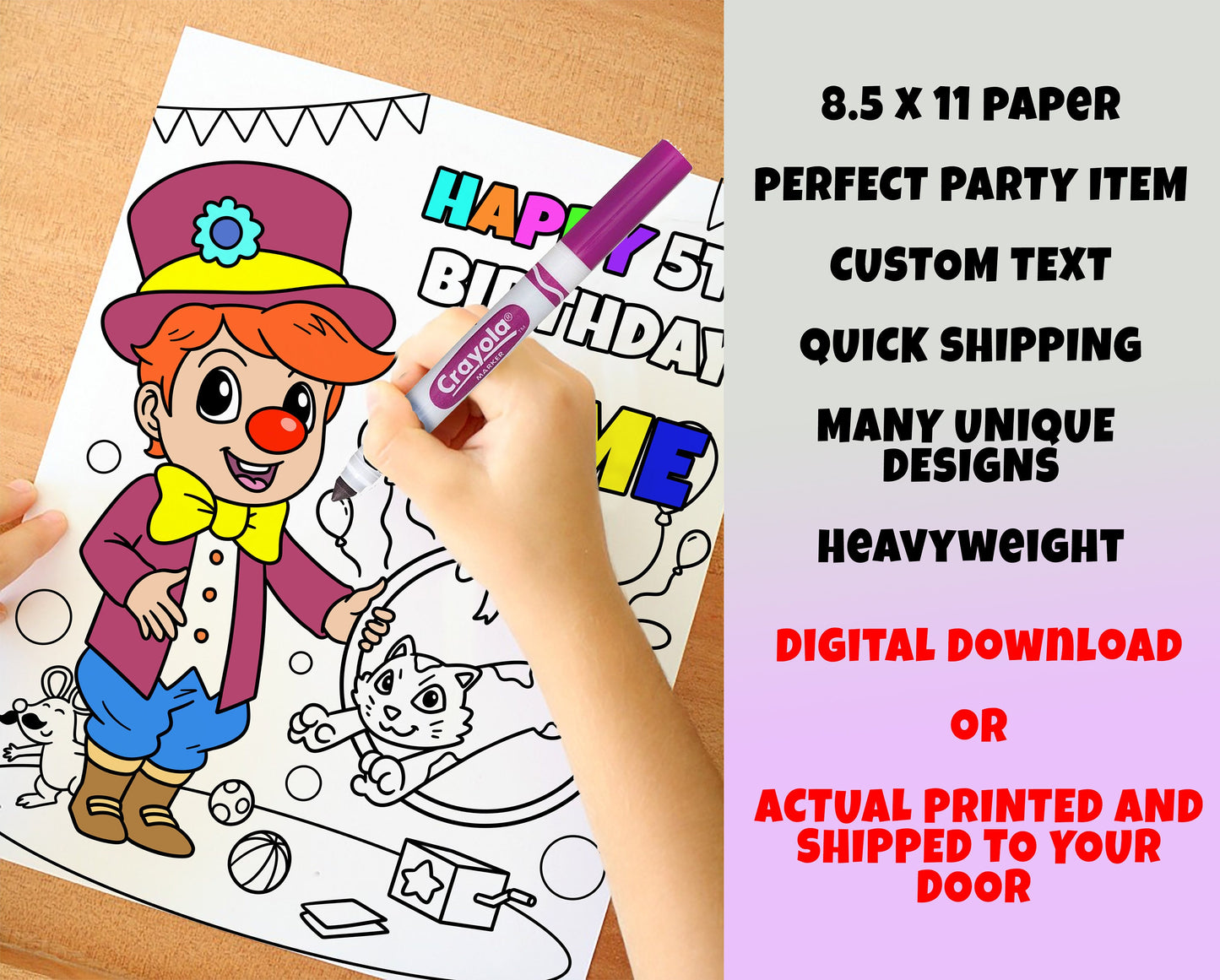 Circus Happy Birthday Coloring pages, Custom, Fun Party Supplies, Personalized Party Décor