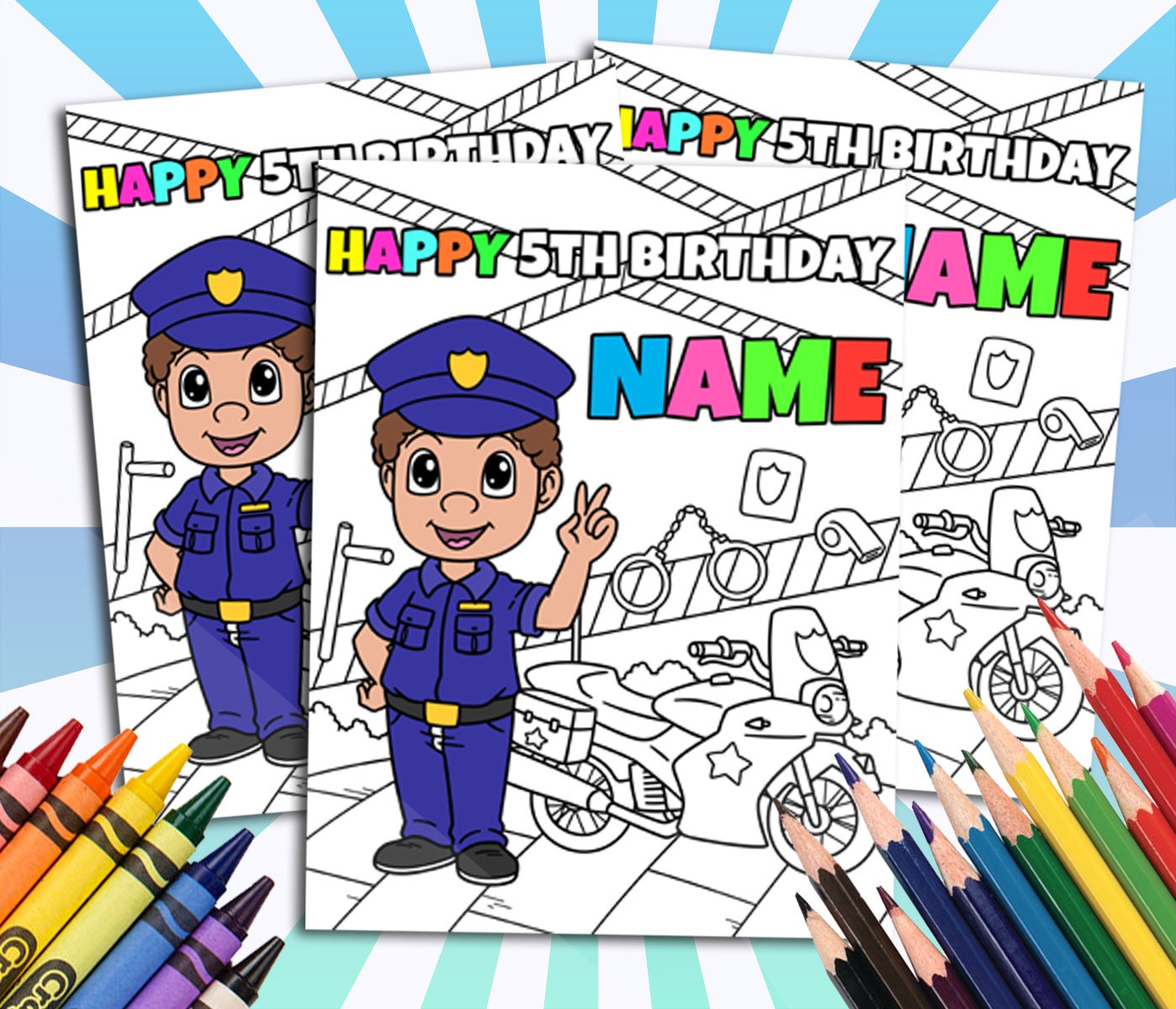 Police Happy Birthday Coloring pages, Custom, Personalized Party Décor
