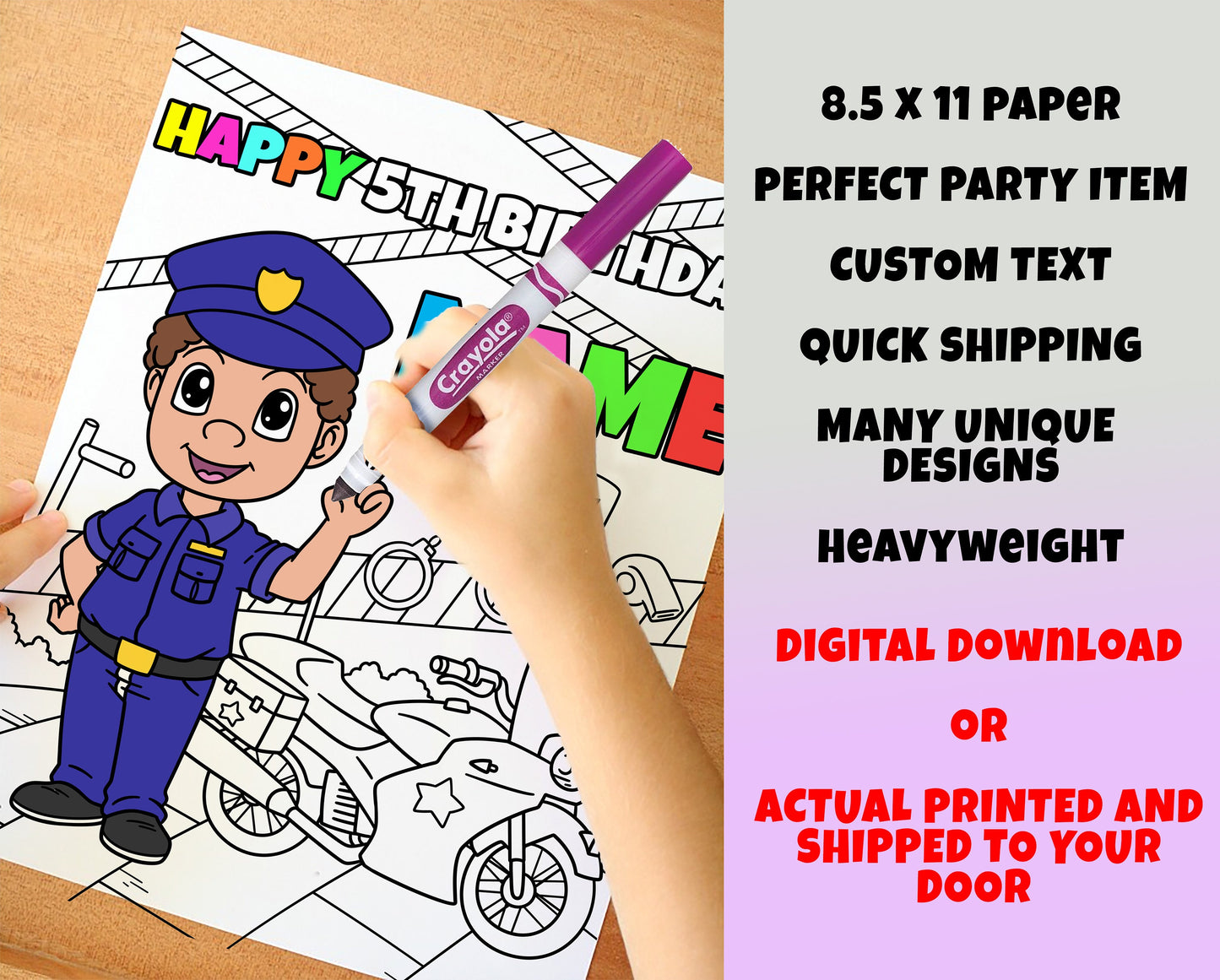Police Happy Birthday Coloring pages, Custom, Personalized Party Décor