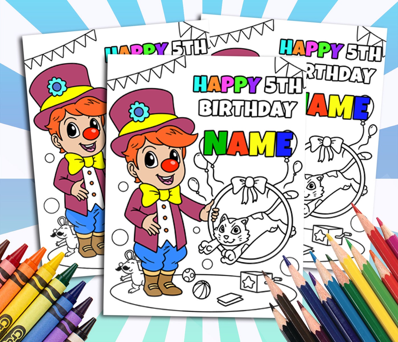 Circus Happy Birthday Coloring pages, Custom, Fun Party Supplies, Personalized Party Décor