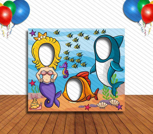 Mermaid and Two Fish Cutout, Hole in Face, Party Selfie  Photo Prop, Little Mermaid Birthday Decoration