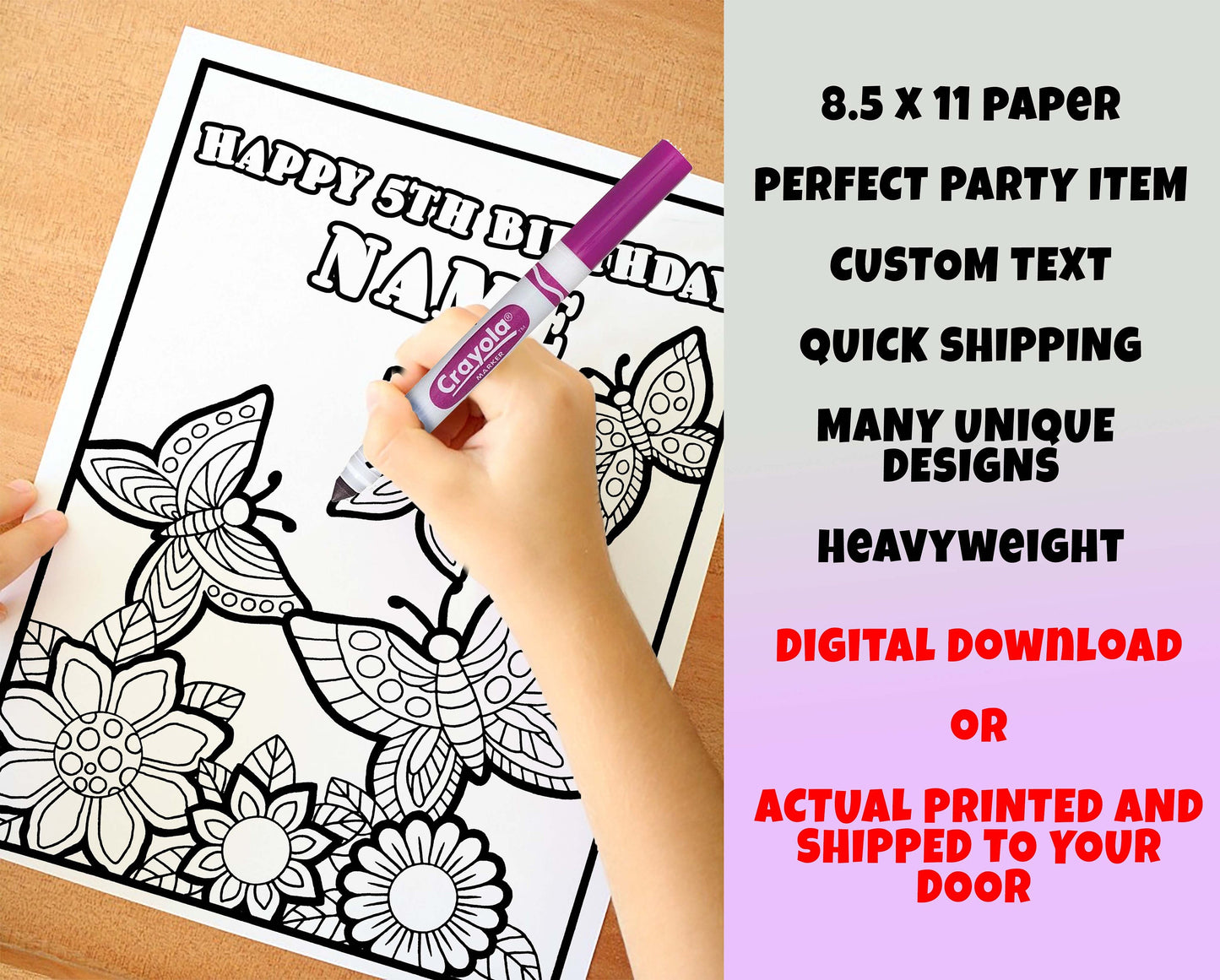 Butterflies Happy Birthday Coloring pages, Custom, Personalized Party Decor