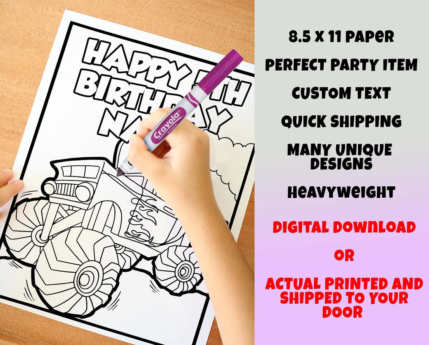 Monster Truck Happy Birthday Coloring pages, Custom, Personalized Party Decor