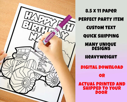 Monster Truck Happy Birthday Coloring pages, Custom, Personalized Party Decor