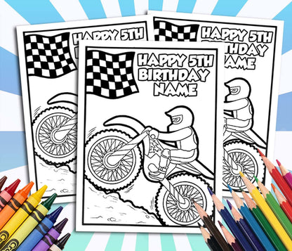 Motocross Bikes Happy Birthday Coloring pages, Custom, Personalized Party Decor