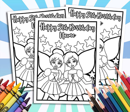 Fairies Happy Birthday Coloring pages, Custom, Personalized Party Decor