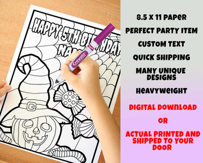 Halloween Happy Birthday Coloring pages, Custom, Personalized Party Decor