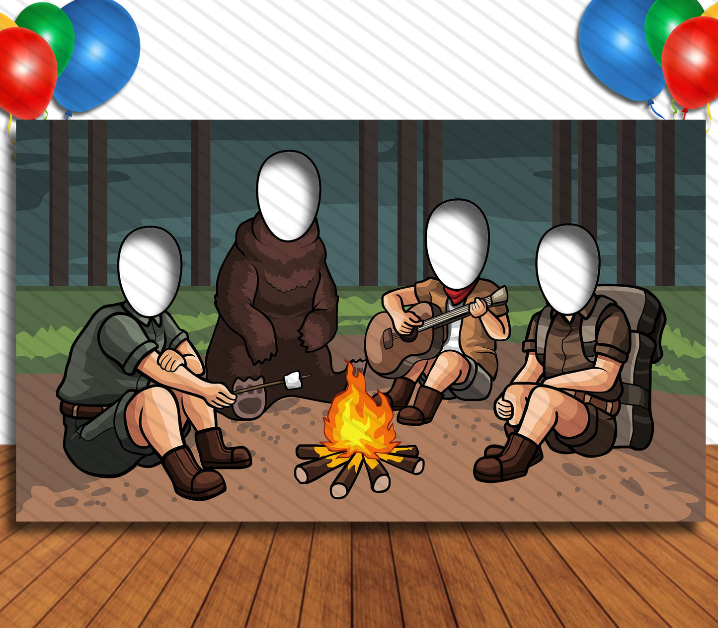 Campers Bonfire Night Cutout, Hole in Face, Party Selfie Photo Booth Prop, Campfire Theme Birthday