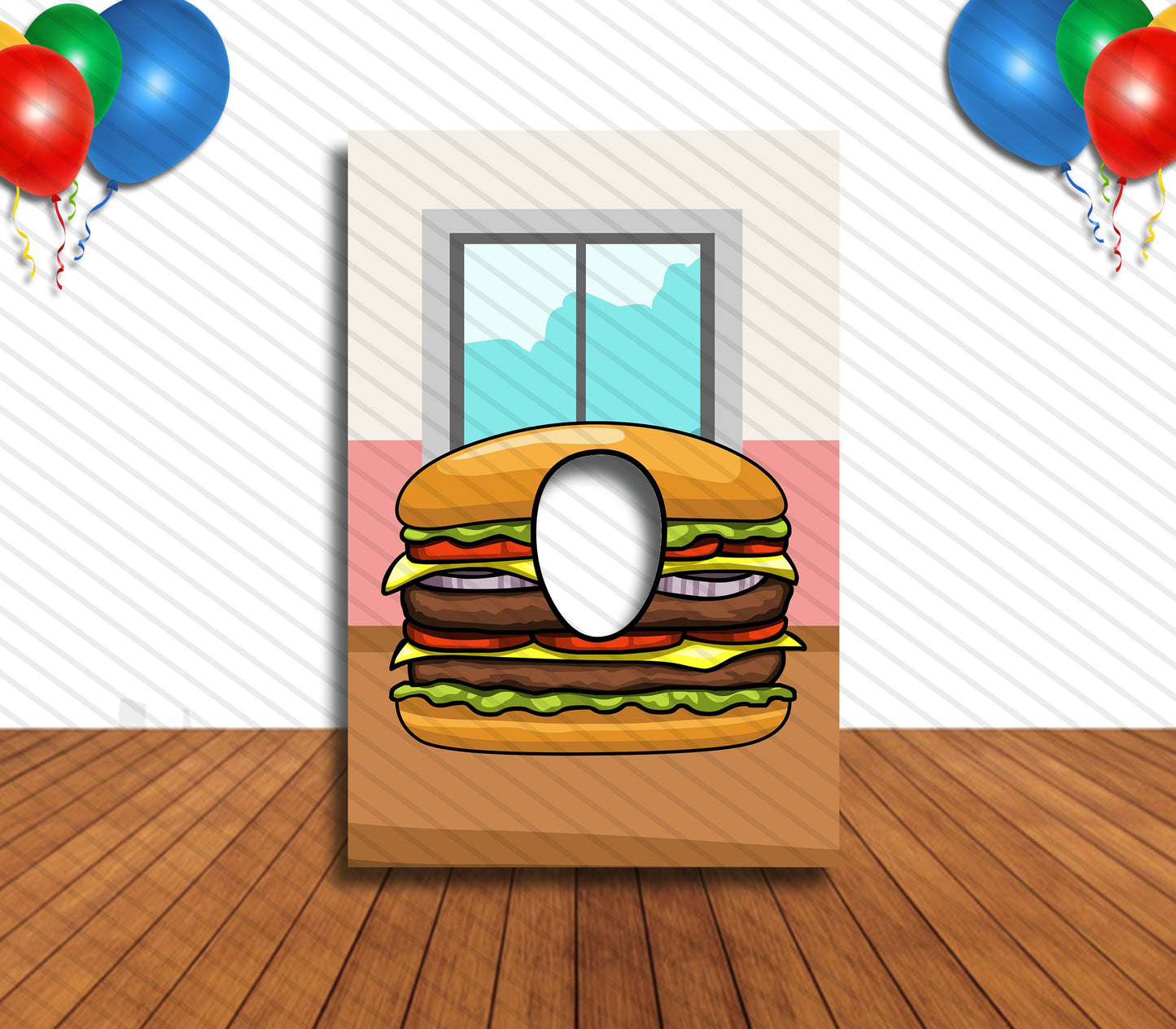 Burger Cutout, Hole in Face, Party Selfie Photo Booth Prop, Junk Food Theme Birthday