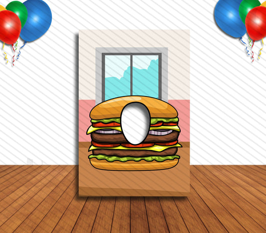 Burger Cutout, Hole in Face, Party Selfie Photo Booth Prop, Junk Food Theme Birthday