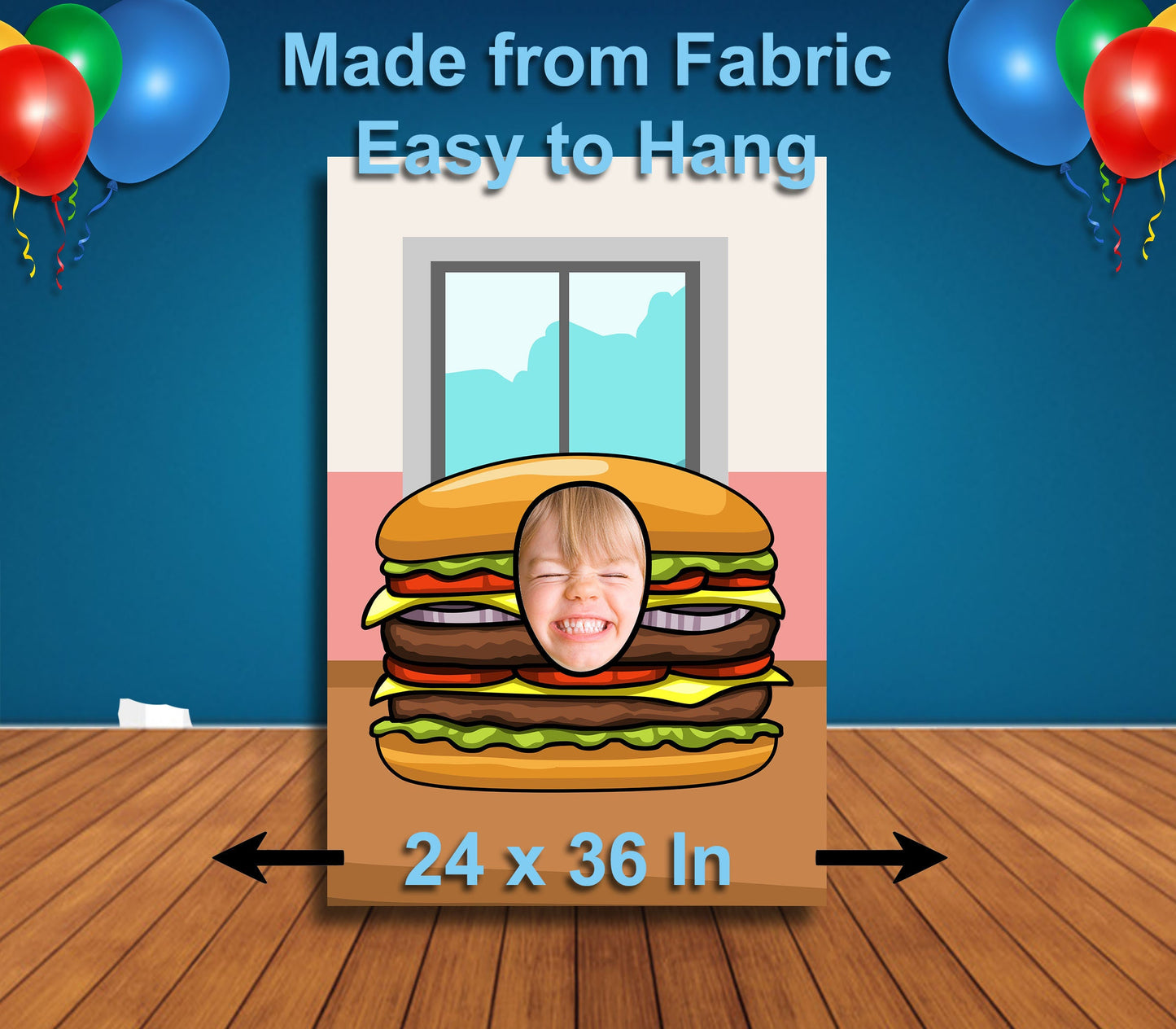 Burger Cutout, Hole in Face, Party Selfie Photo Booth Prop, Junk Food Theme Birthday