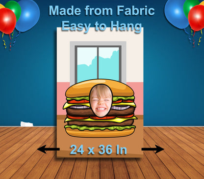 Burger Cutout, Hole in Face, Party Selfie Photo Booth Prop, Junk Food Theme Birthday