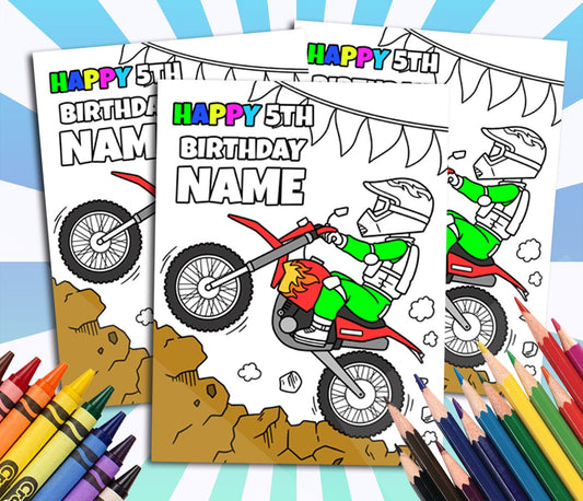 Dirt Bike Happy Birthday Coloring pages, Custom, Personalized Party Decor