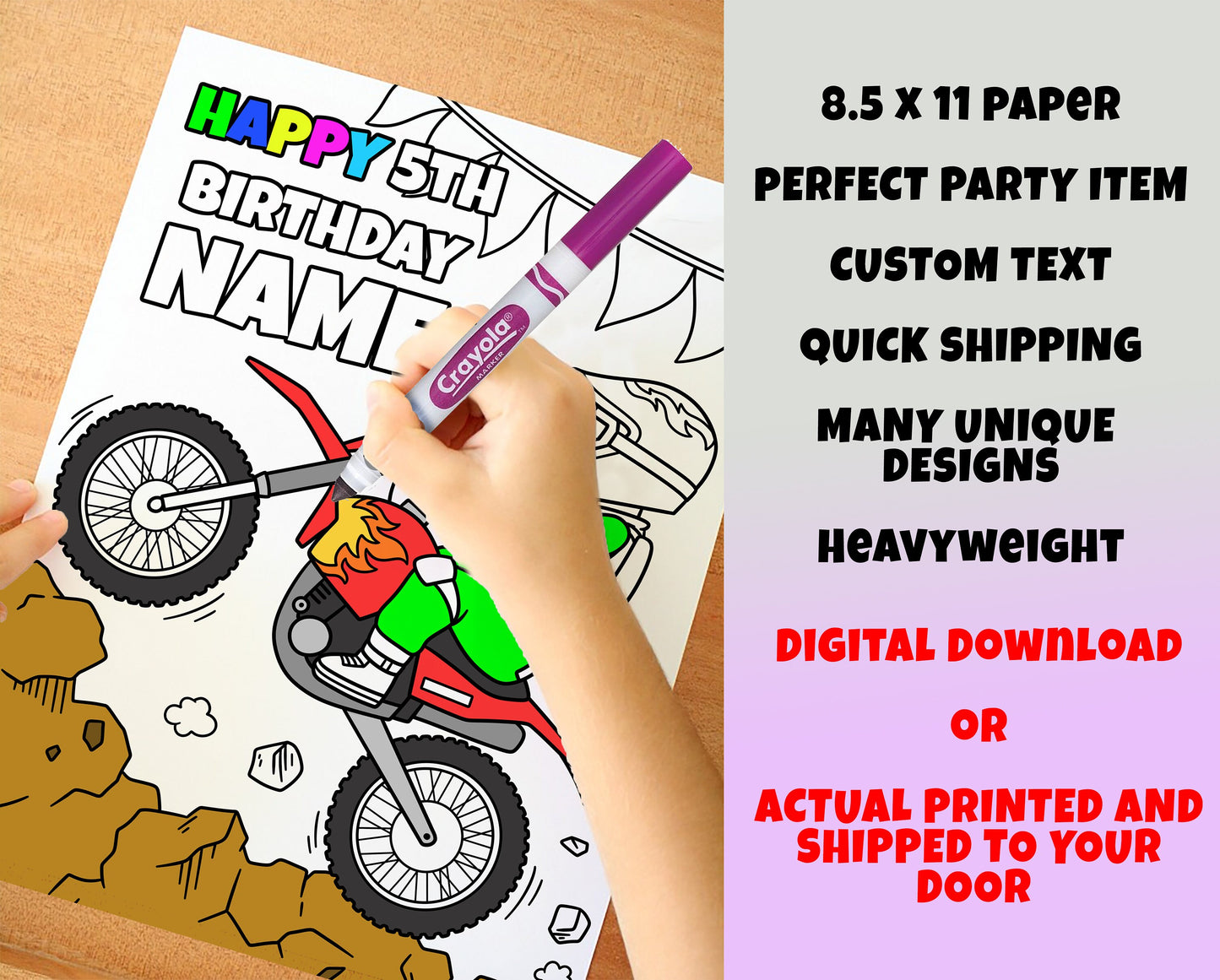 Dirt Bike Happy Birthday Coloring pages, Custom, Personalized Party Decor