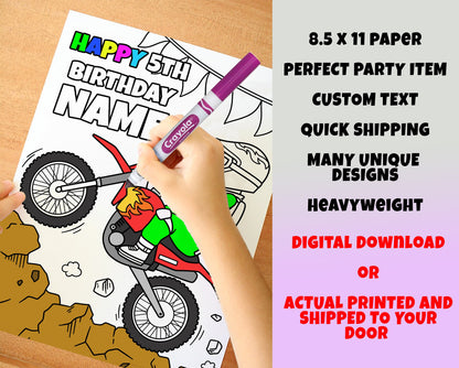 Dirt Bike Happy Birthday Coloring pages, Custom, Personalized Party Decor
