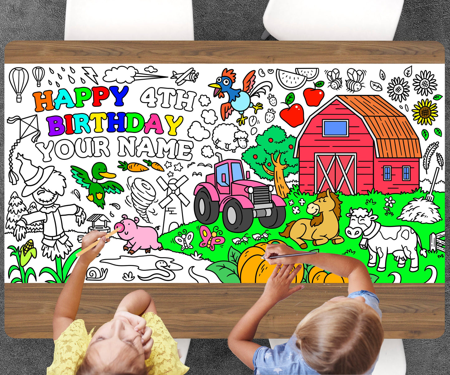 Barnyard Coloring Page, Custom Farm Theme Birthday Sheet, Jumbo Coloring Book Pages, Personalized Theme Giant Coloring Poster