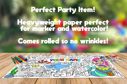 Mermaid Coloring Page, Custom Beach Birthday Sheet, Jumbo Coloring Book Pages, Personalized Theme Giant Coloring Poster