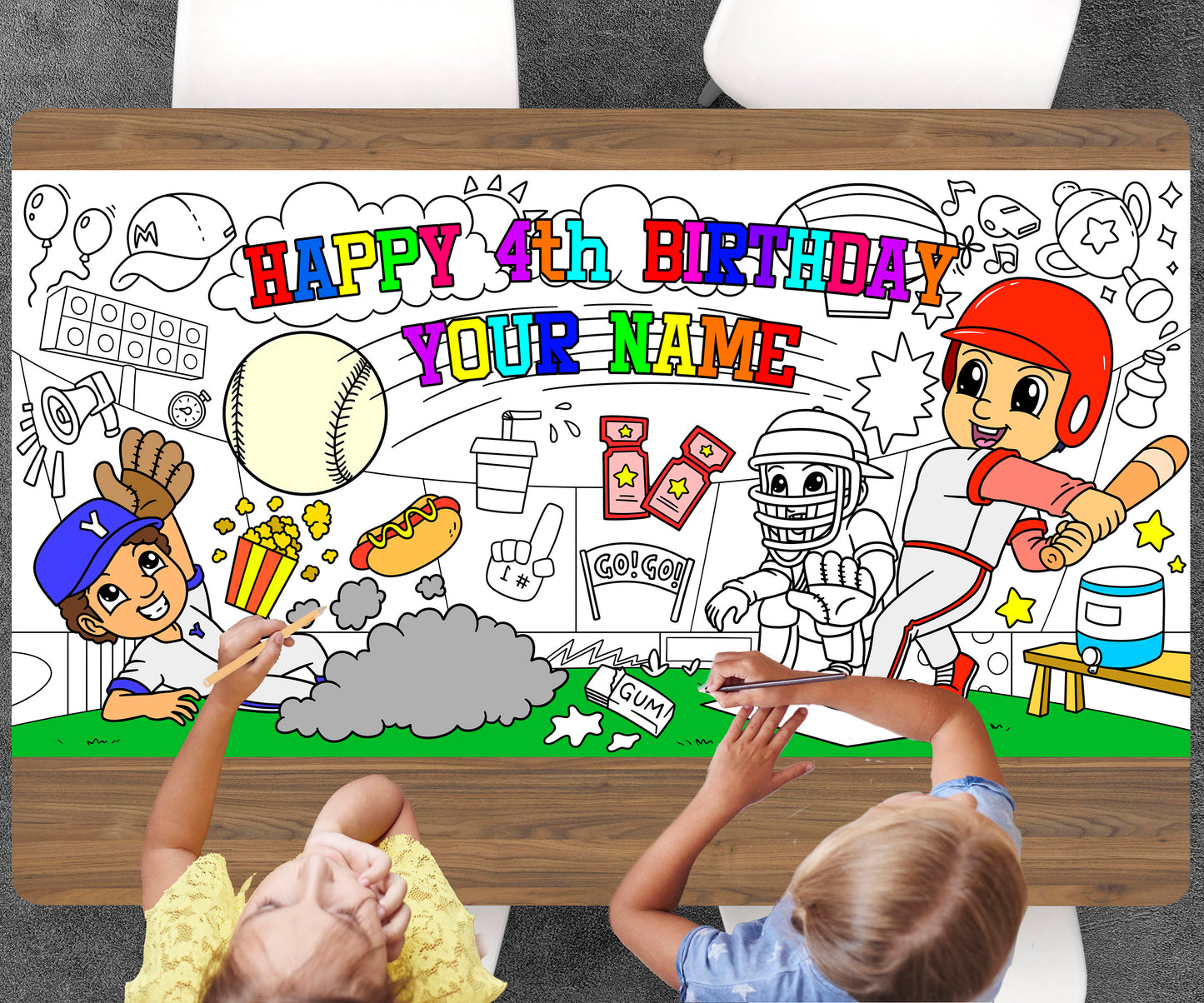 Baseball Coloring Page, Custom Baseball Birthday Sheet, Jumbo Coloring Book Pages, Personalized Theme Giant Coloring Poster