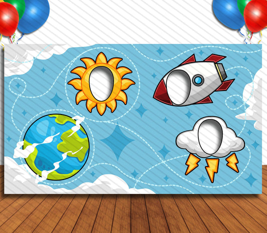 Rocket Theme Face Cutout, 42x72" Photo Stand-in, Party Selfie Photo Prop