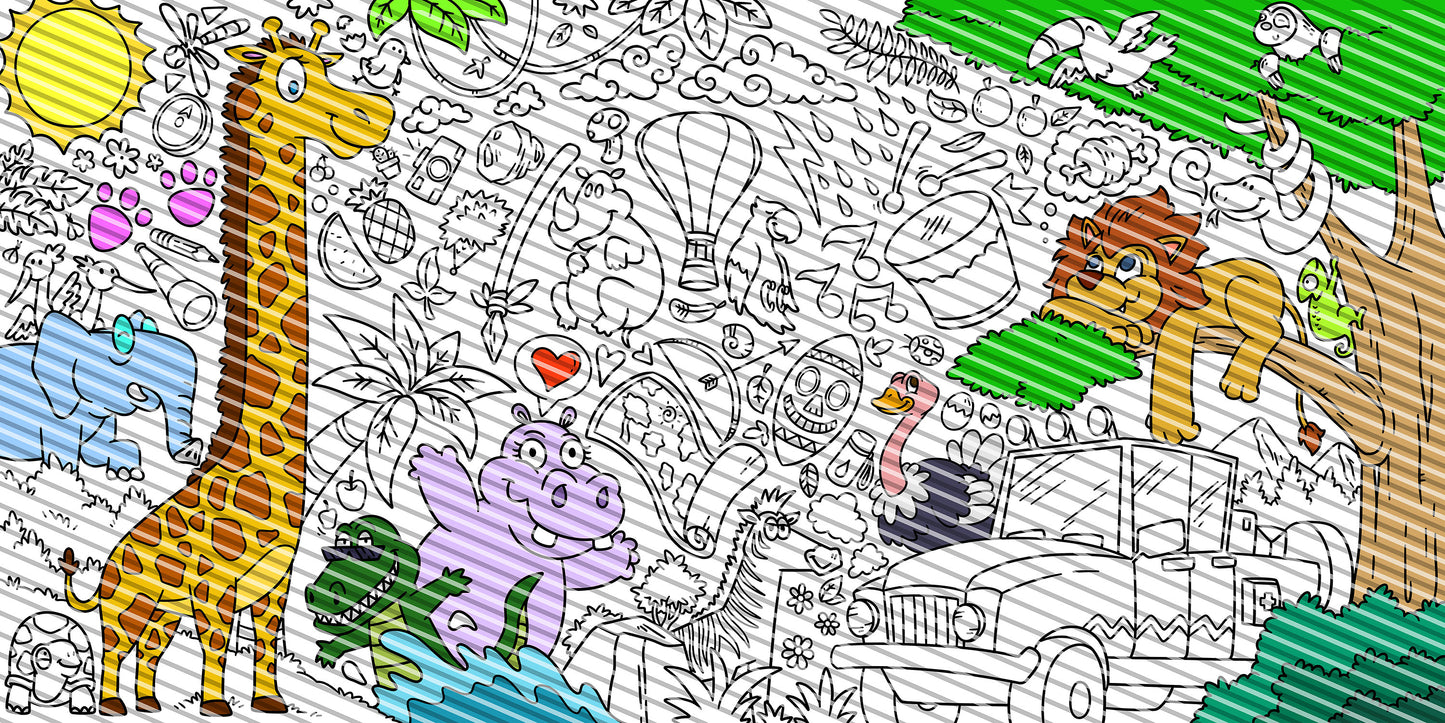 Safari Coloring Sheet, Jumbo Coloring Book Page, Animal Theme Giant Coloring Poster