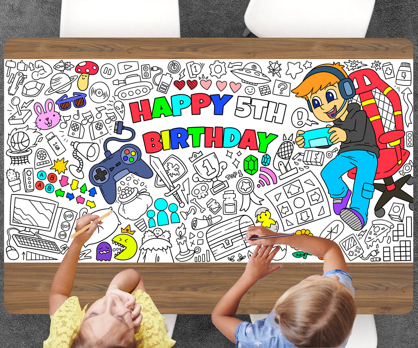 Gamer Boy Coloring Page, Custom Birthday Coloring Sheet, Jumbo Coloring Book Pages, Personalized Theme Giant Coloring Poster