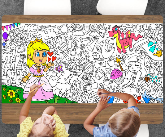 Princess Coloring Sheet, Jumbo Coloring Book Page, Fantasy Theme Giant Coloring Poster