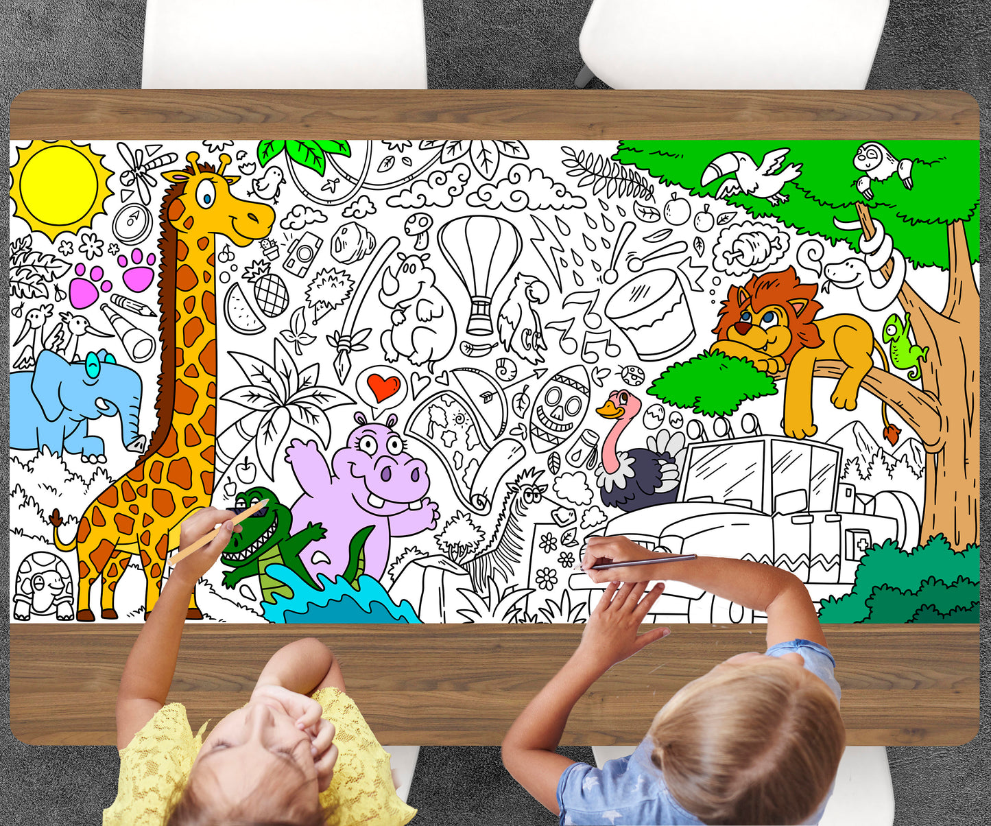 Safari Coloring Sheet, Jumbo Coloring Book Page, Animal Theme Giant Coloring Poster